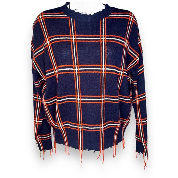 Scripted Ethan Windowpane Plaid Navy Orange Sweater distressed fringe - Picture 6 of 10